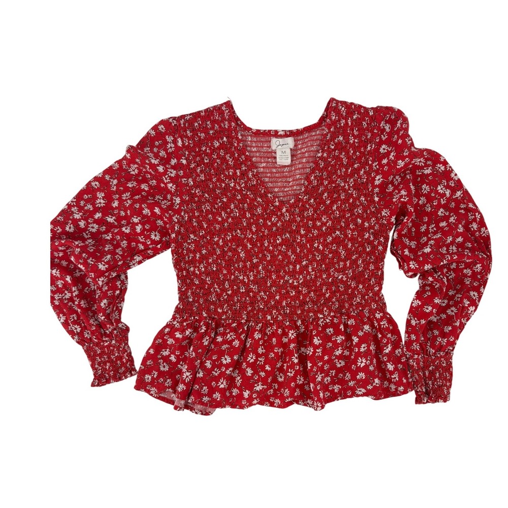 Japna Y2K Red Floral Smocked Peplum Top Long Sleeve V-Neck Daisy Print Medium